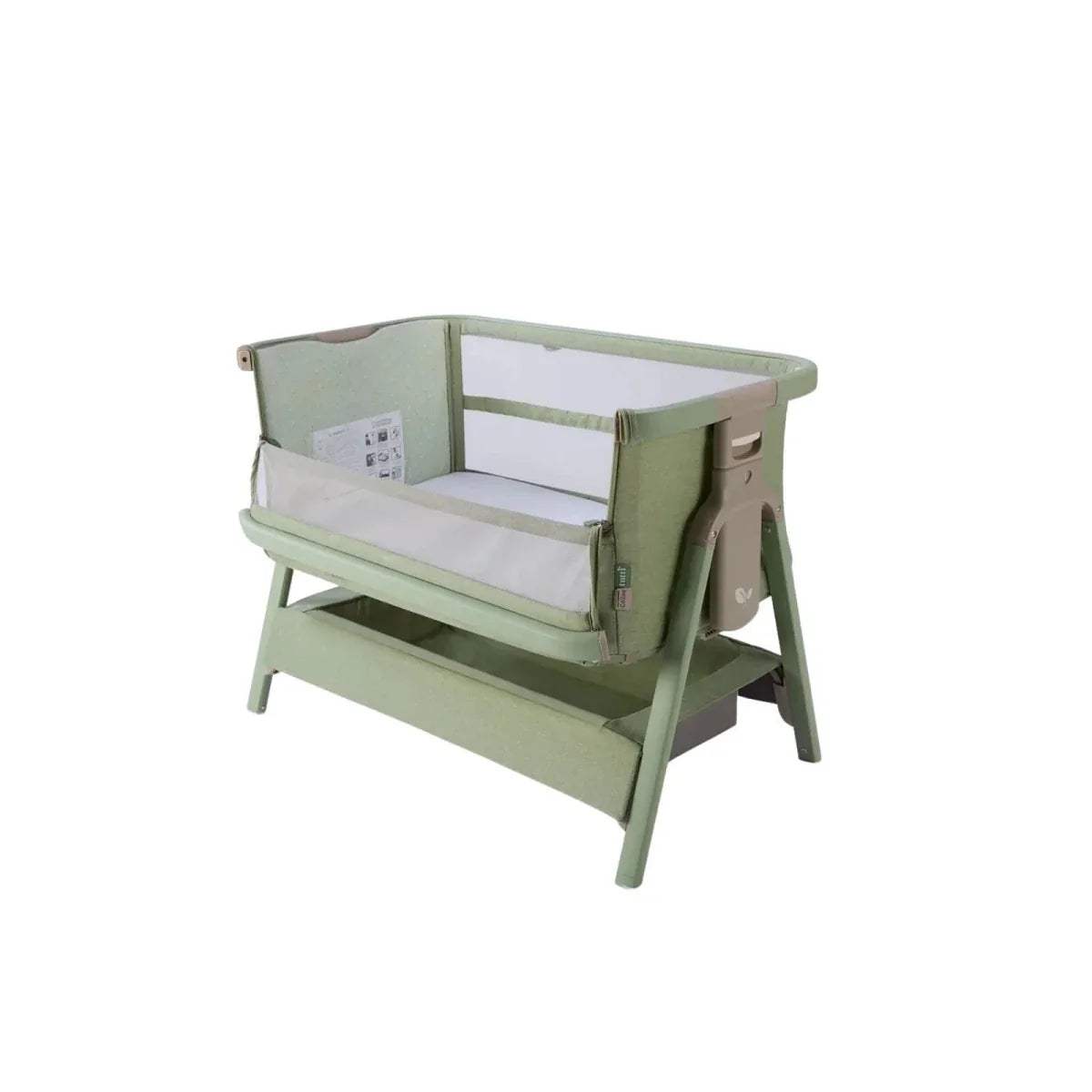 Eucalyptus green bedside crib angled view with clear side panel and side rails