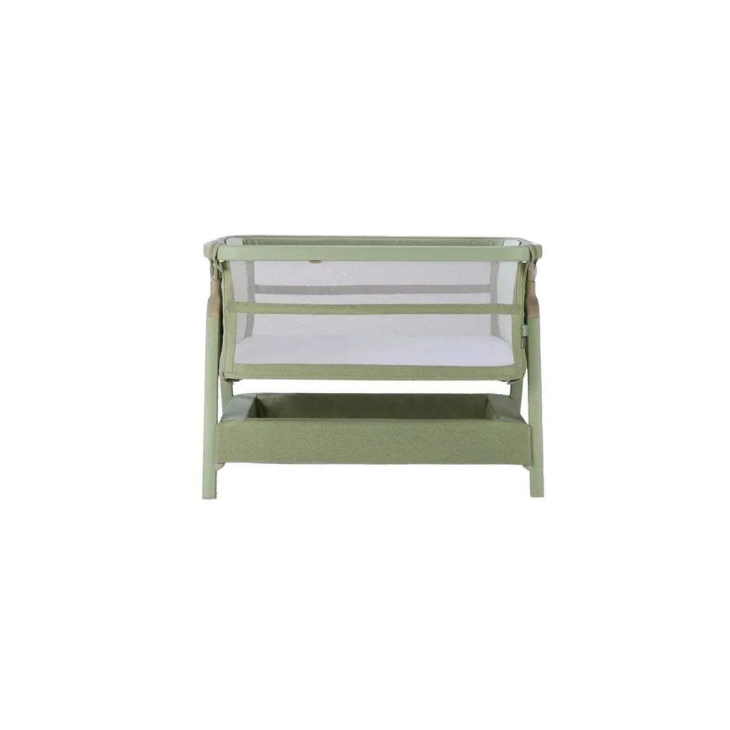 Eucalyptus green bedside crib front view with inner shelf and padded base