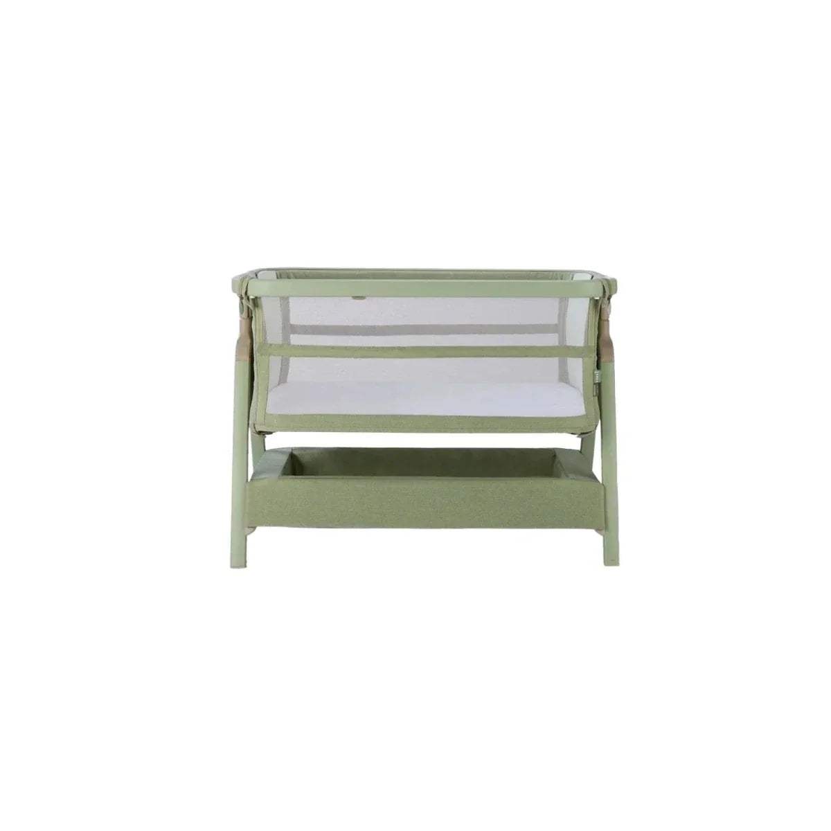 Eucalyptus green bedside crib front view with inner shelf and padded base