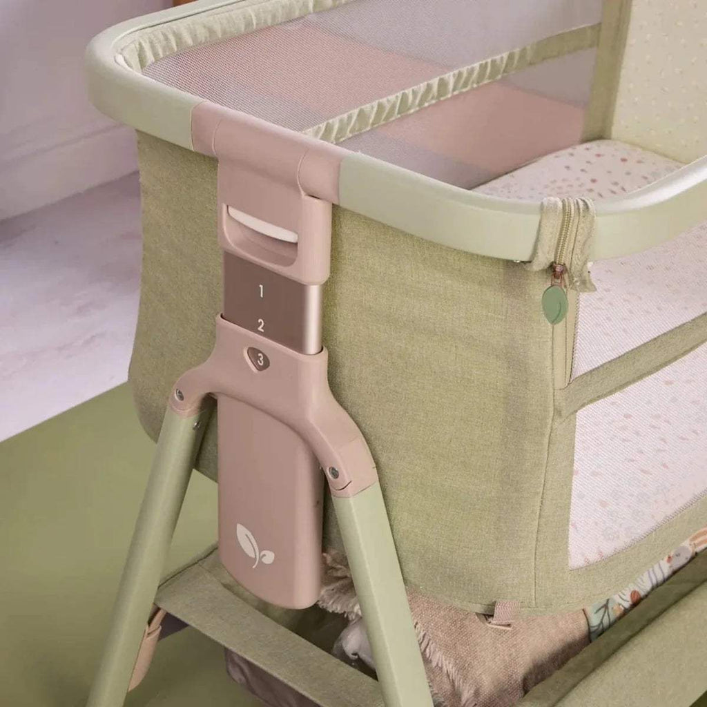 Eucalyptus bedside crib with adjustable side panel and light mattress base