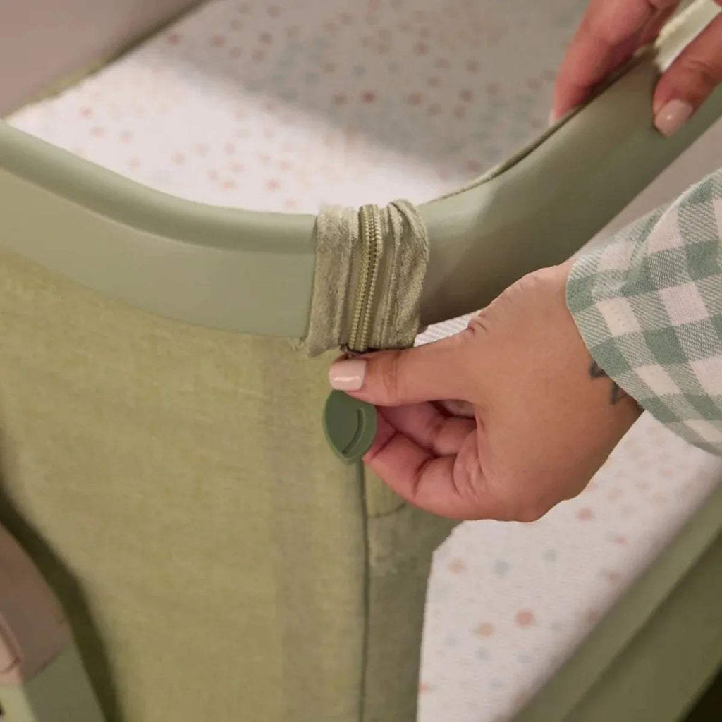Eucalyptus bedside crib side tab with hand adjusting fastening strap