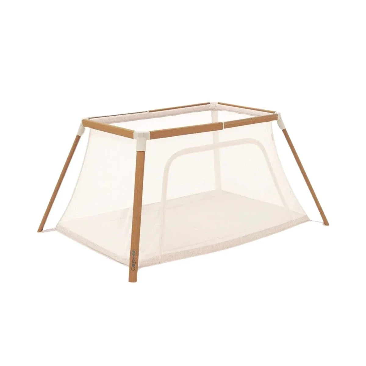 Tutti Bambini CoZee Go day-and-night playpen with light wood frame and ecru mesh panels