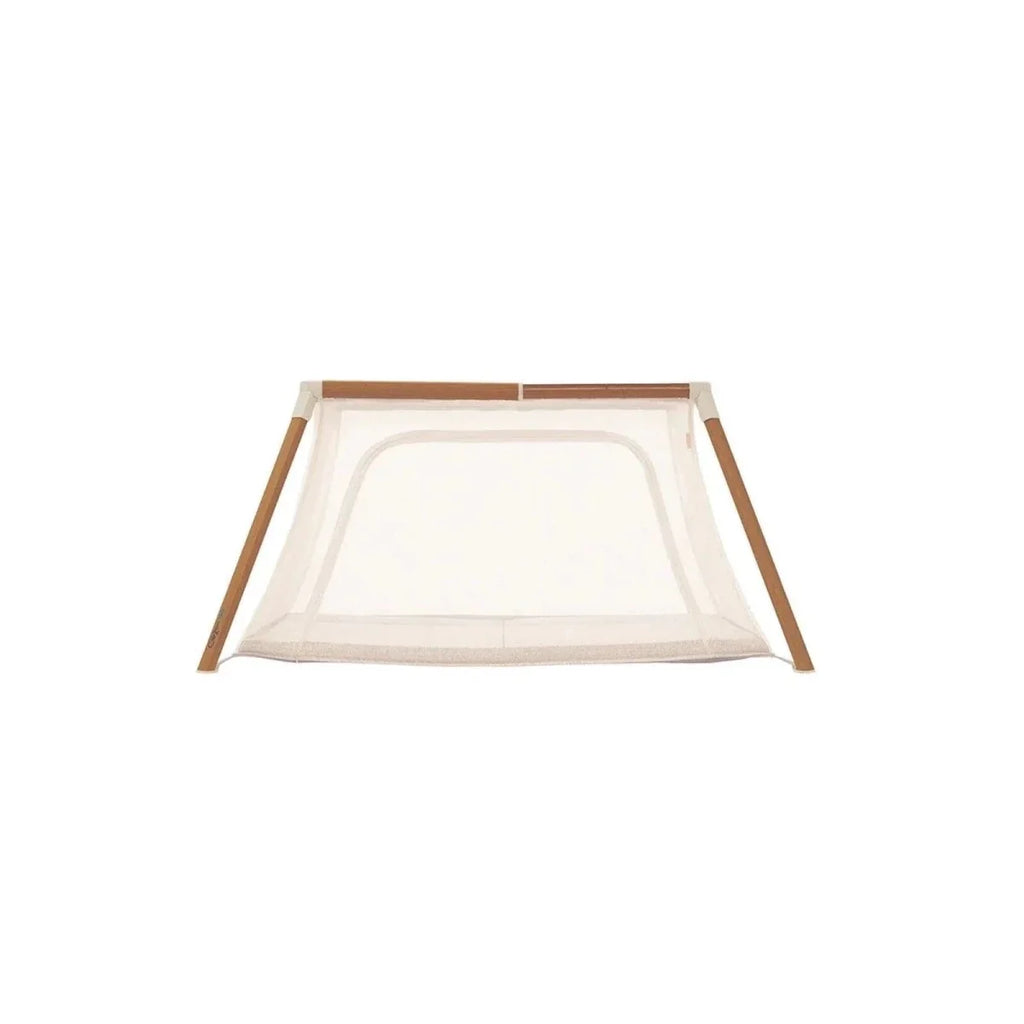 Open baby playpen with ecru mesh sides and light wood rails