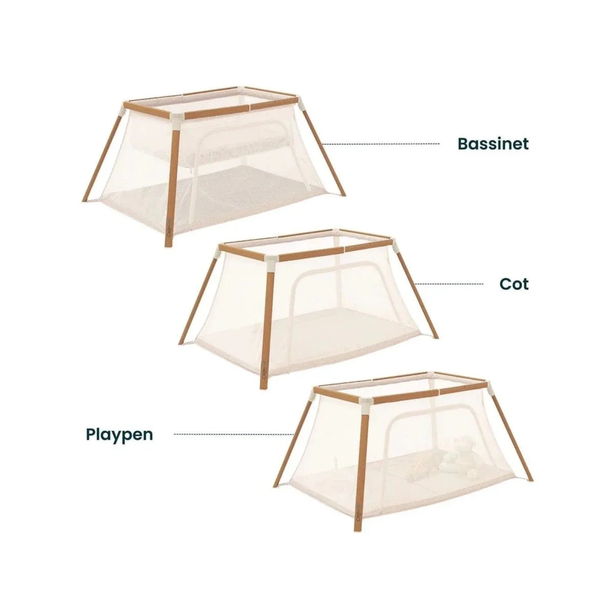 Tutti Bambini playpen shown in playpen, cot, and bassinet configurations