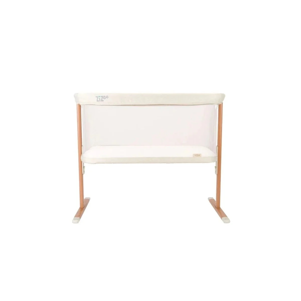 Ecru mesh crib with walnut legs and padded mattress base