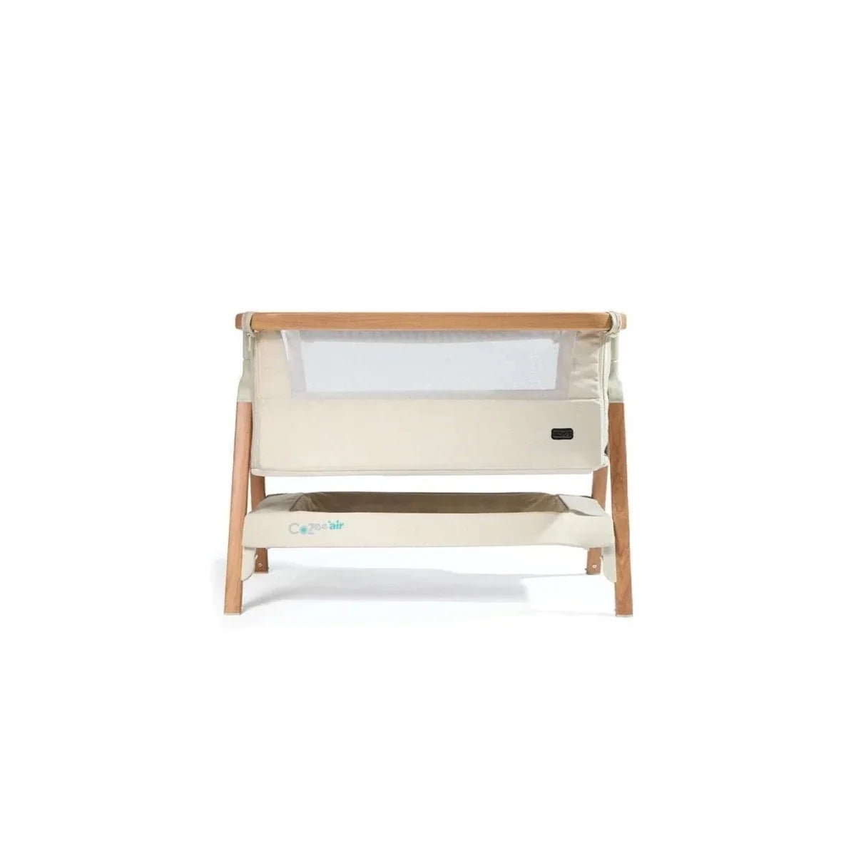 Ecru bedside crib front view with mesh panel and walnut legs