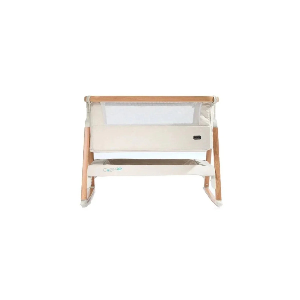Ecru bedside crib with mesh sides and walnut base, front-facing