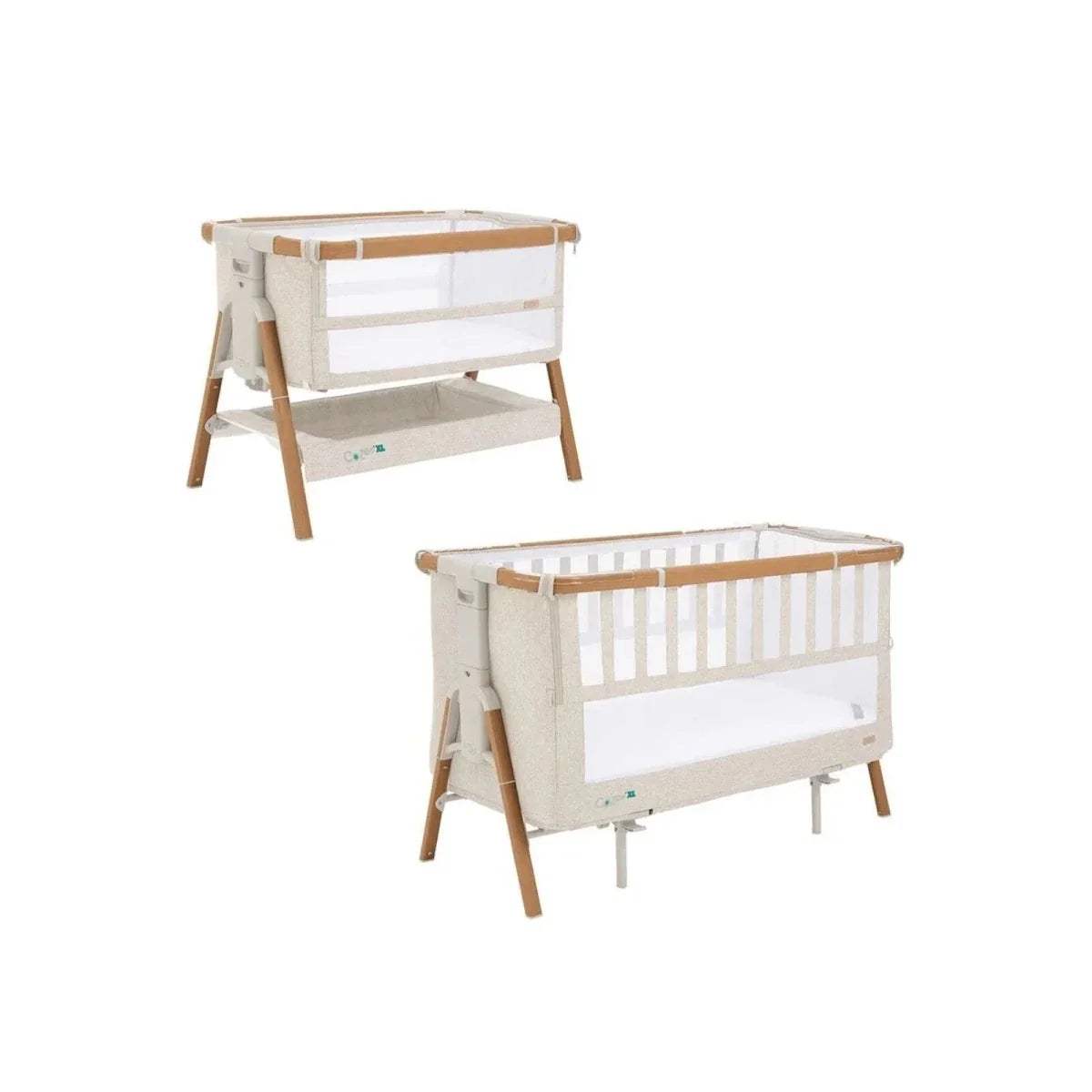 Scandinavian walnut and ecru bedside crib shown from side view with open bassinet panel
