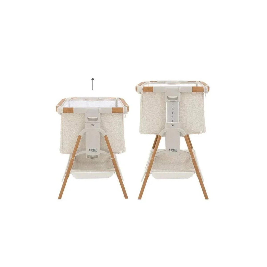 Walnut and ecru bedside crib set with two views showing the open bassinet stand