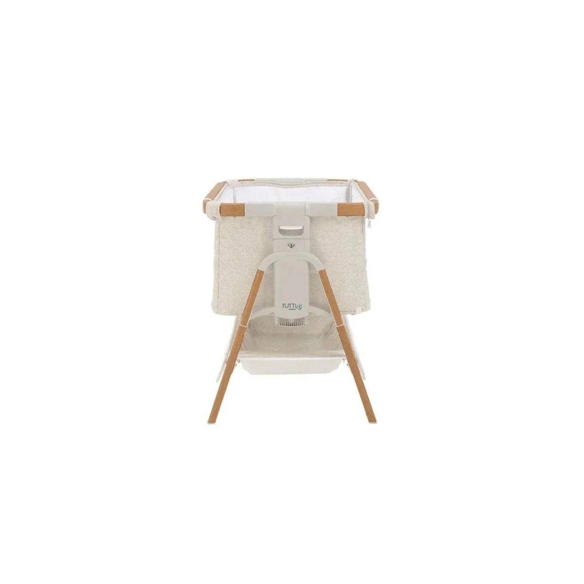 Walnut and ecru bedside cot with open bassinet and front panel on wooden A-frame legs