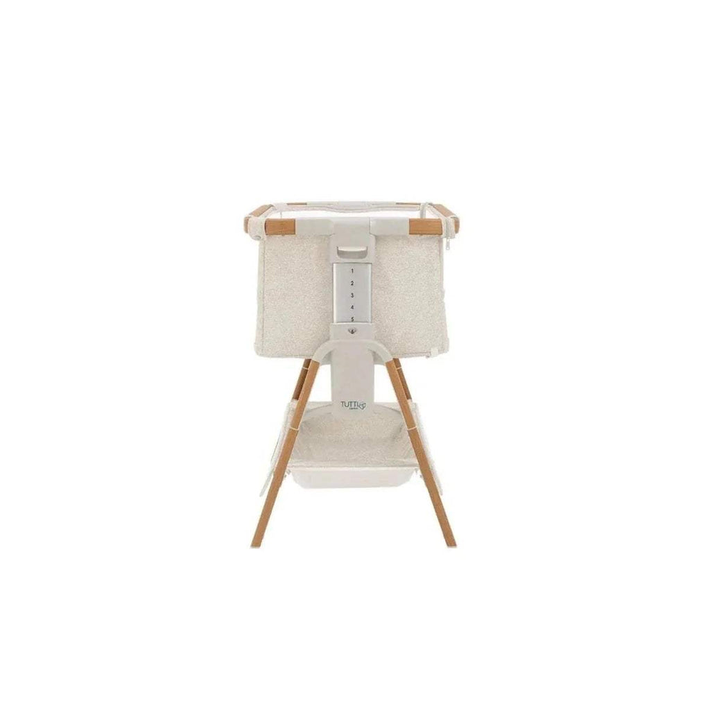 Walnut and ecru bedside cot with side mesh panel and tall frame on wooden legs