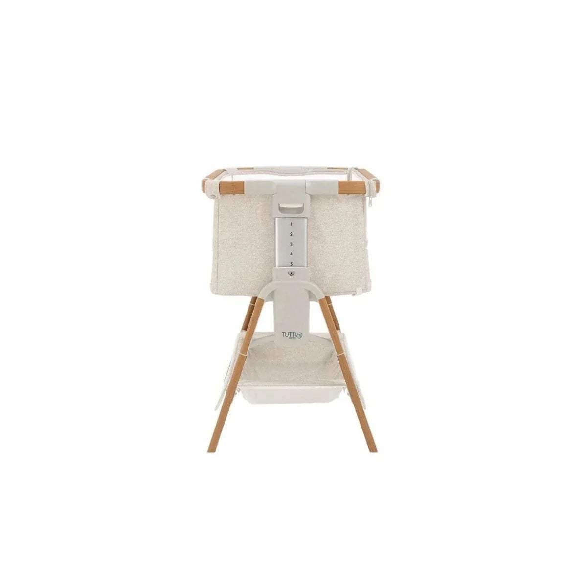Walnut and ecru bedside cot with side mesh panel and tall frame on wooden legs