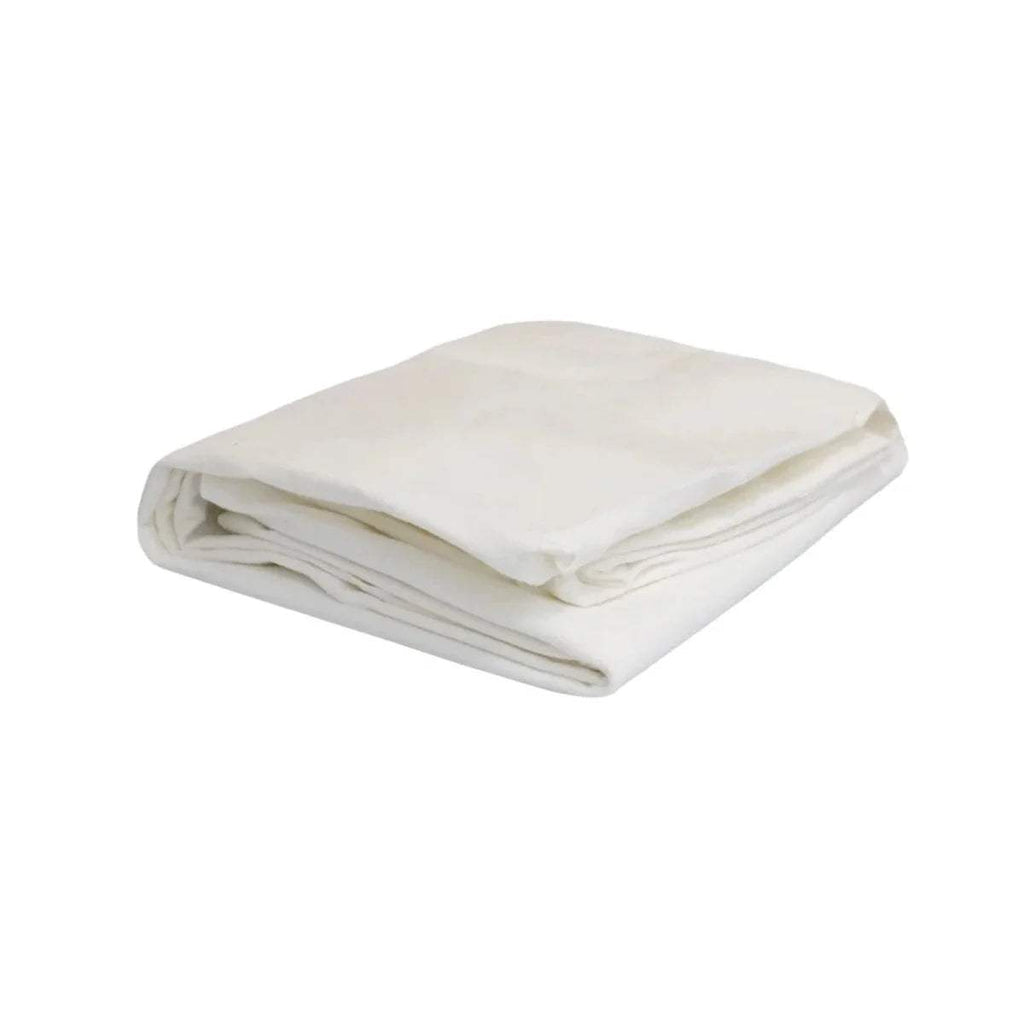 White waterproof fitted sheet, folded stack with smooth top surface.