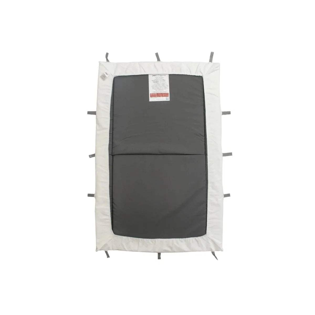 White waterproof fitted sheet with dark waterproof panel, attachment straps visible.
