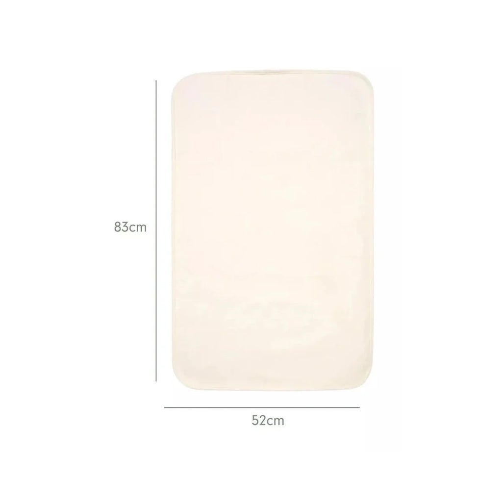 Cream bedside crib mattress protector, 83 cm by 52 cm rectangle with rounded corners.