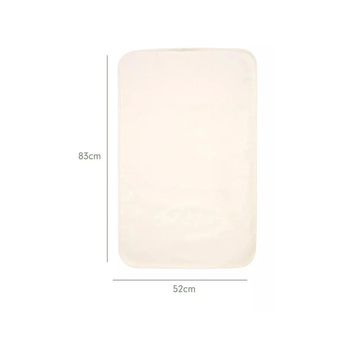 Cream bedside crib mattress protector, 83 cm by 52 cm rectangle with rounded corners.