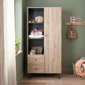 Child wardrobe cabinet with open shelves and drawers, distressed oak with dark interior.