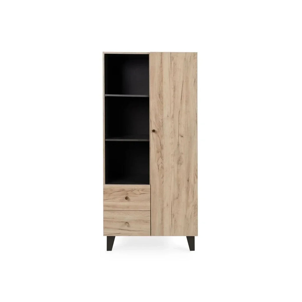 Tall wardrobe cabinet with open shelving and drawers, distressed oak finish and black feet.