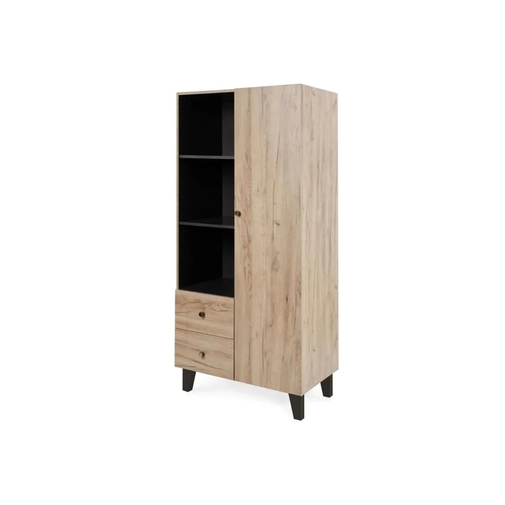 Freestanding wardrobe cabinet with open shelving, drawers, and distressed oak body.