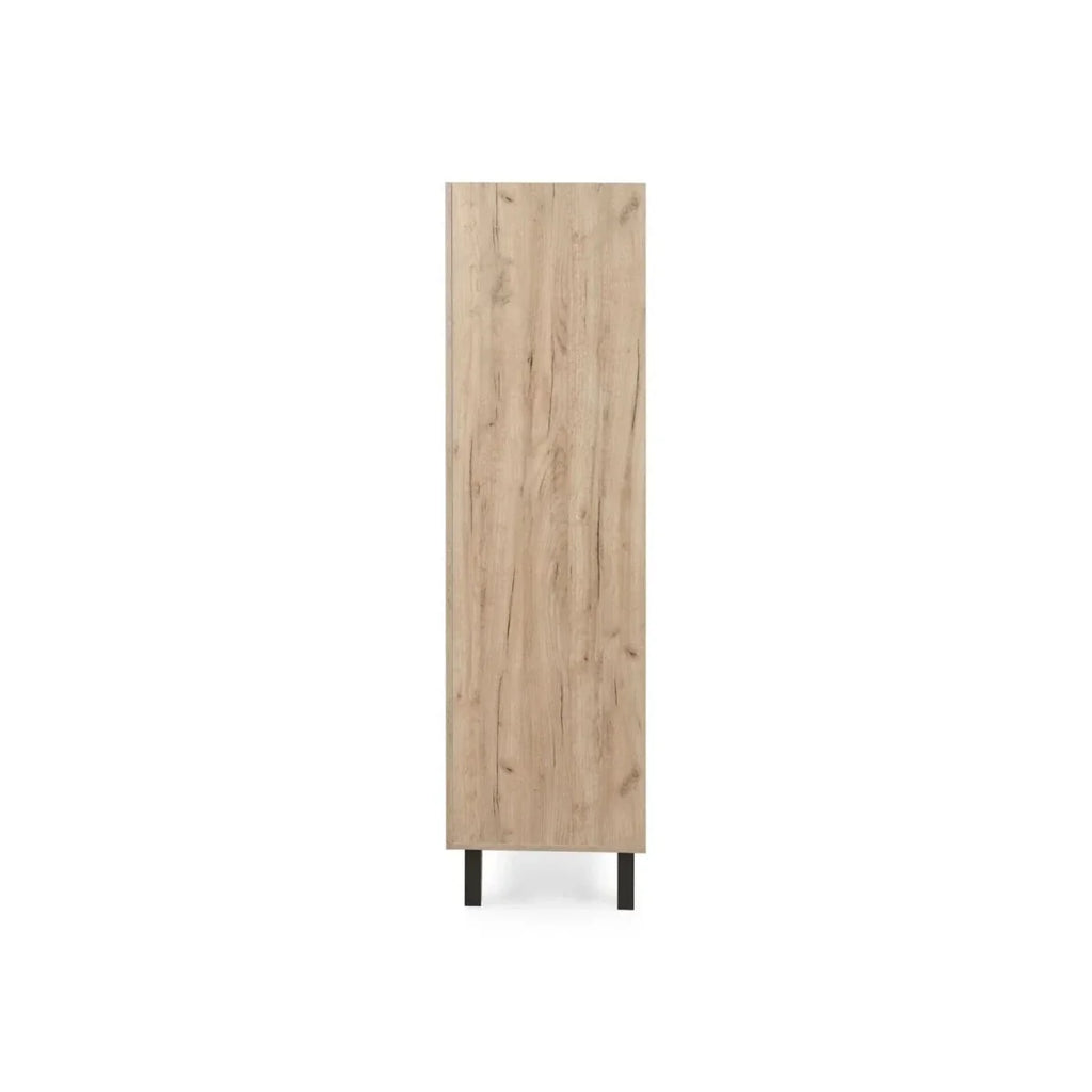 Tall distressed oak wardrobe side panel with black feet, freestanding cabinet.