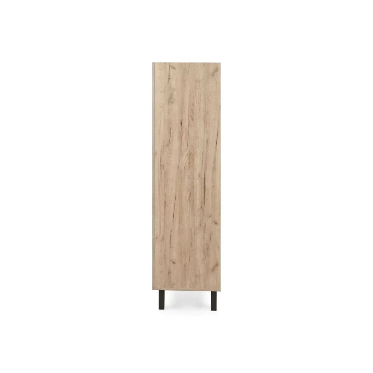Tall distressed oak wardrobe side panel with black feet, freestanding cabinet.
