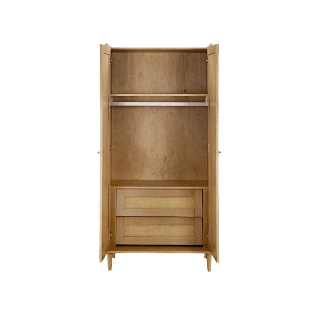 Light oak wardrobe interior with upper shelf, lower compartment, and drawers