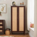 Warm walnut wardrobe with two woven rattan-style doors and four tapered feet