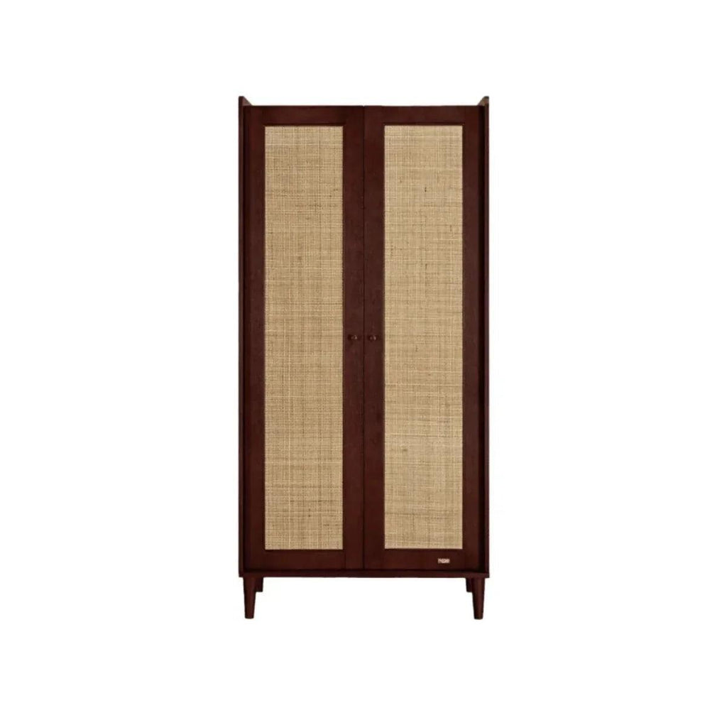 Warm walnut double wardrobe with two linen-look panel doors and small metal handles