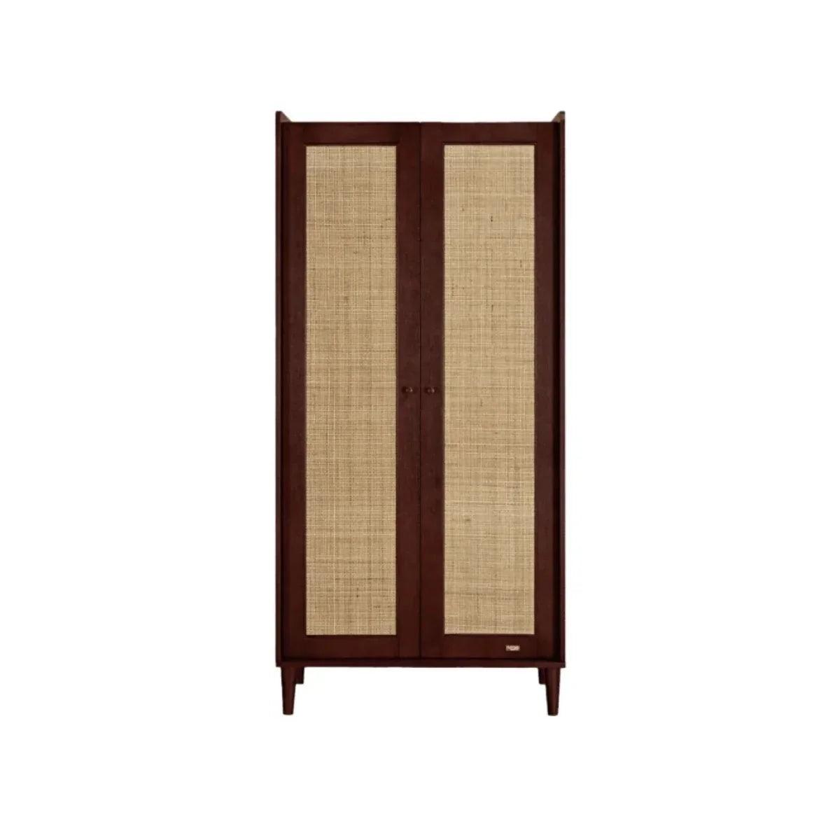 Warm walnut double wardrobe with two linen-look panel doors and small metal handles