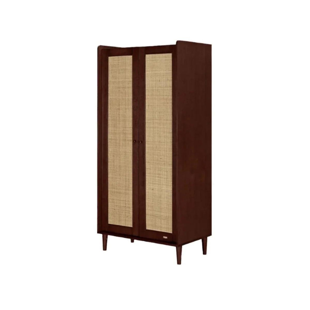 Warm walnut wardrobe with two woven doors, slim frame, and tapered wooden legs