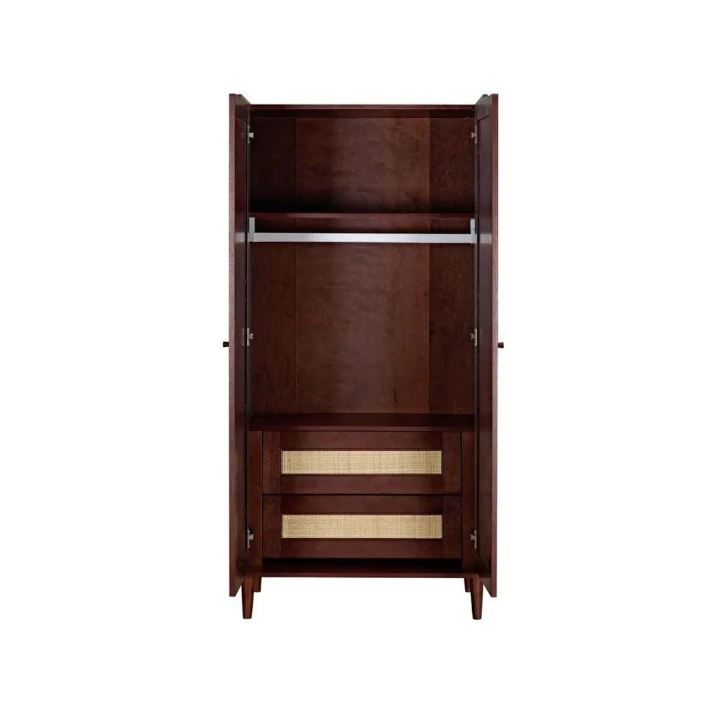 Warm walnut wardrobe interior with upper shelf and two stacked woven drawer panels