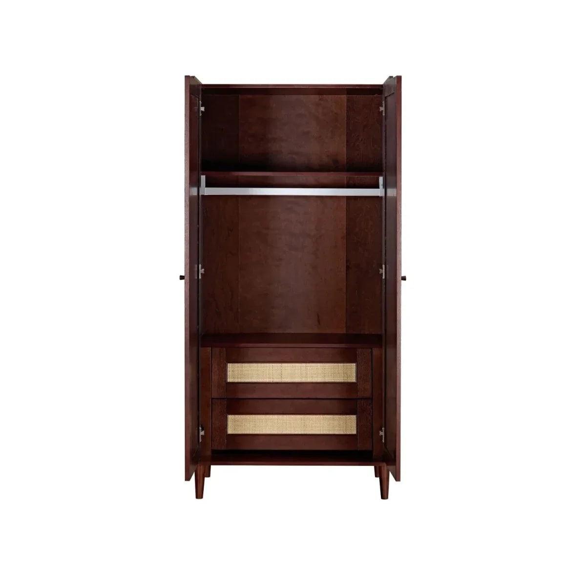 Warm walnut wardrobe interior with upper shelf and two stacked woven drawer panels