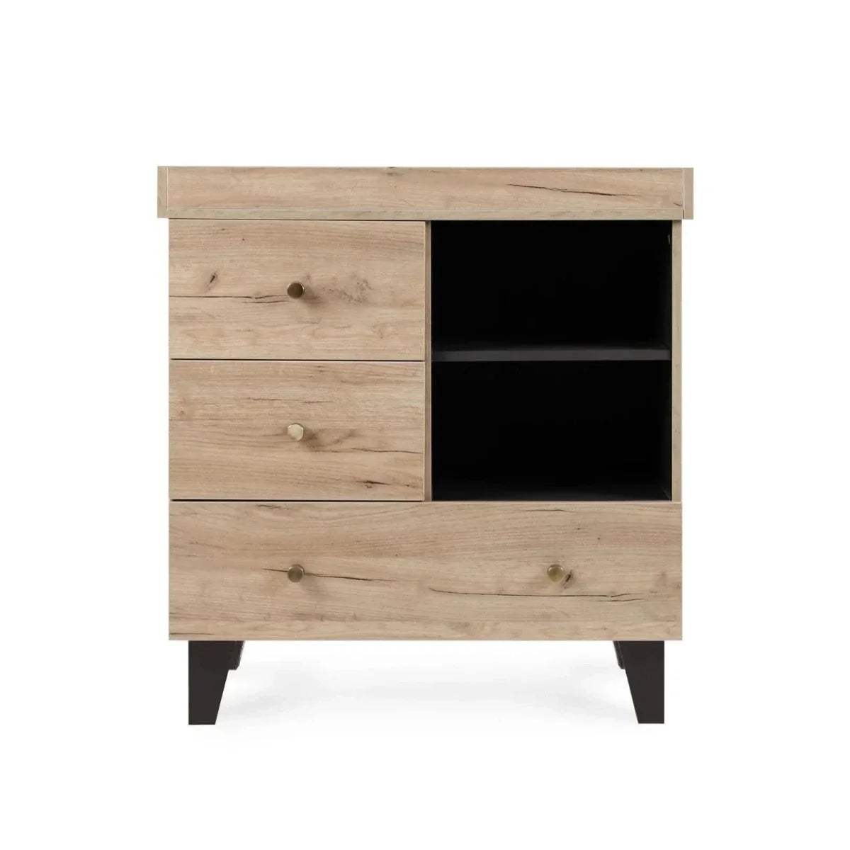 Baby changing chest front view, three drawers and open storage with dark interior