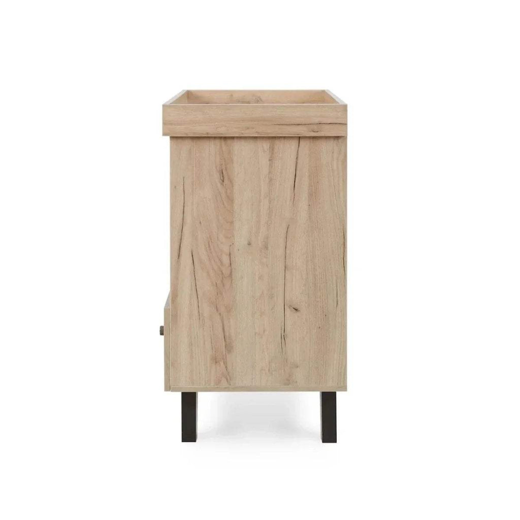 Baby changing chest back view in light wood with raised top edge and dark feet