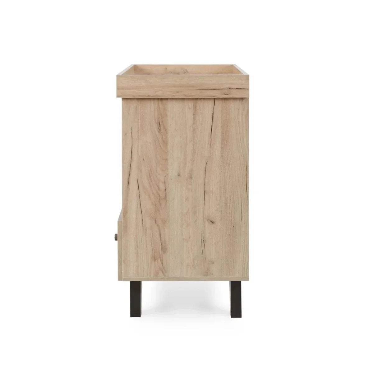 Baby changing chest back view in light wood with raised top edge and dark feet
