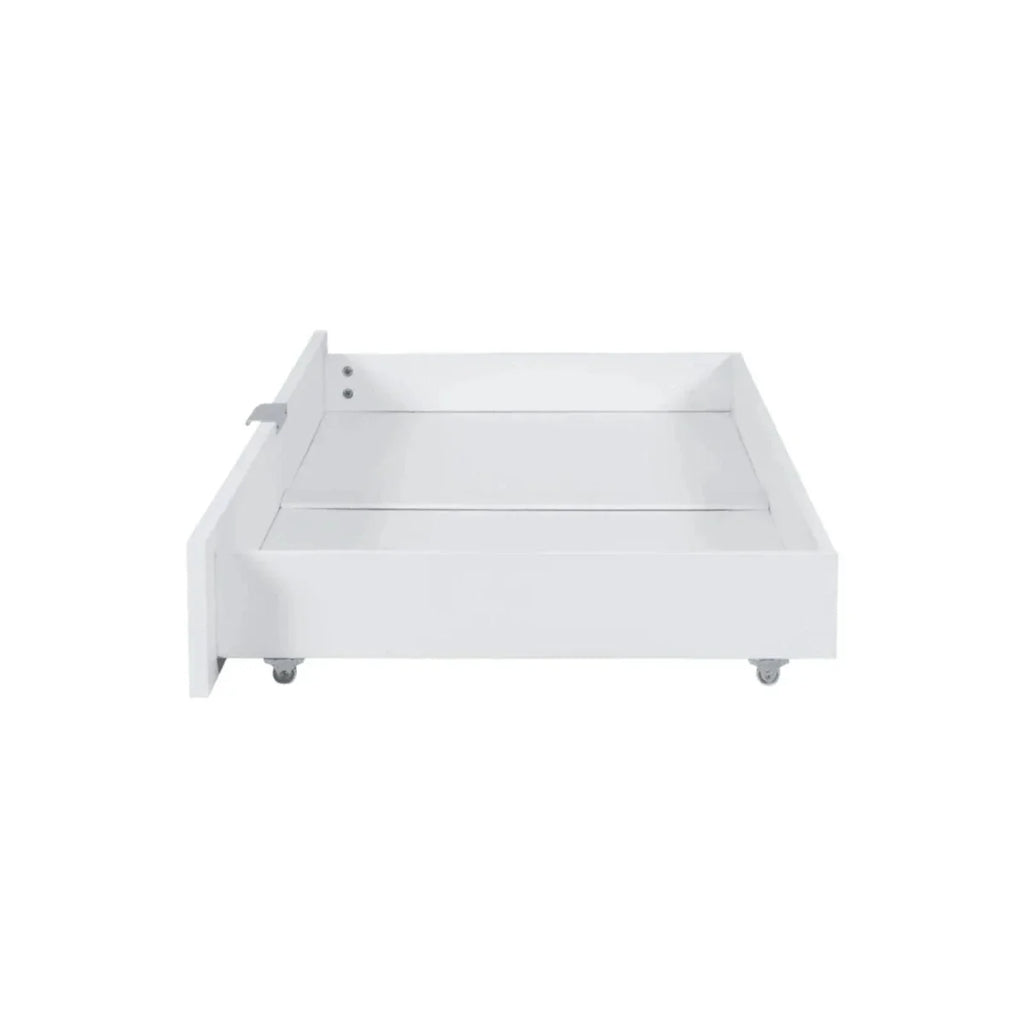 White underbed drawer with open top tray and four support feet