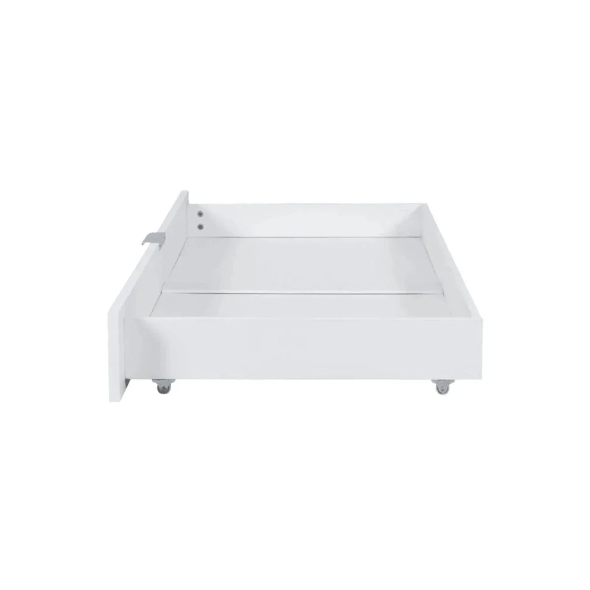 White underbed drawer with open top tray and four support feet