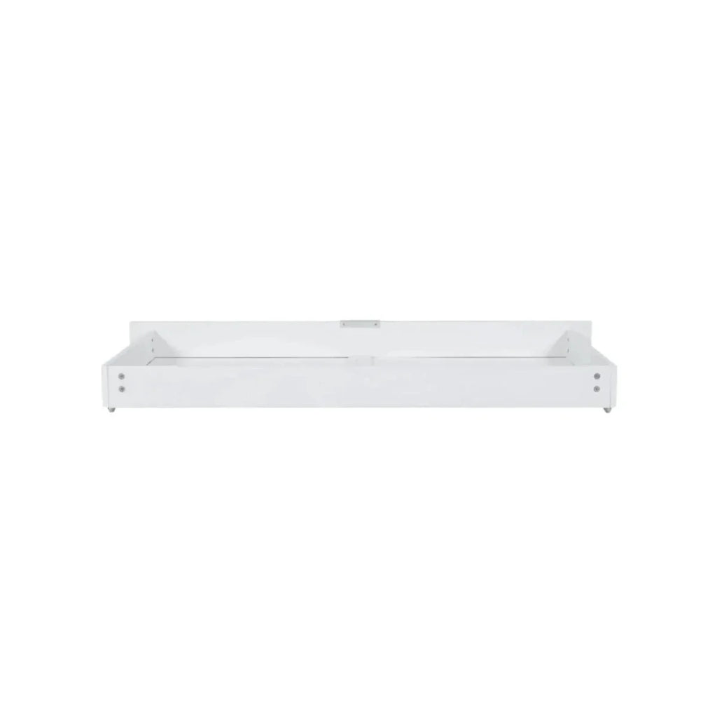 White underbed drawer underside with side mounting holes and center bar