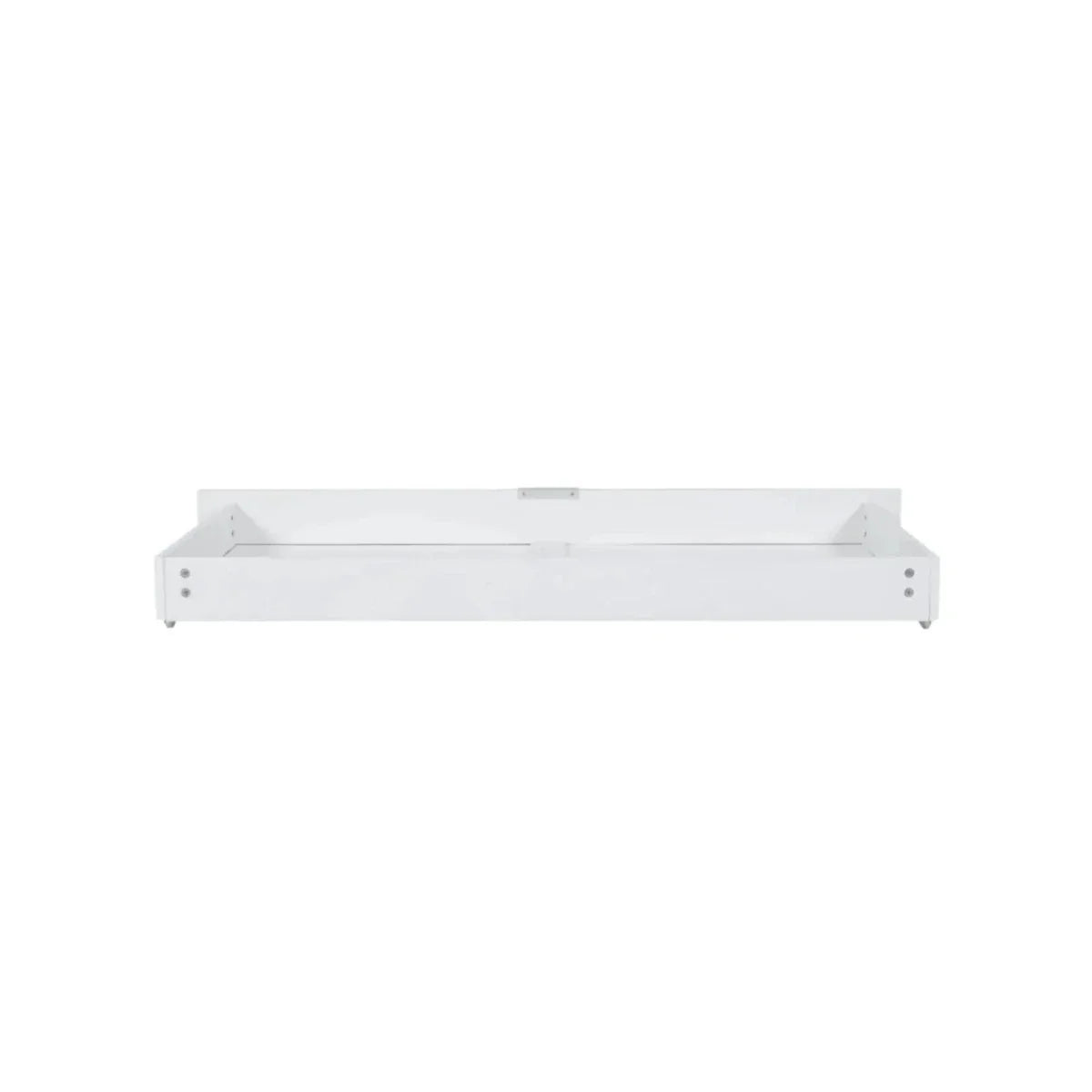 White underbed drawer underside with side mounting holes and center bar