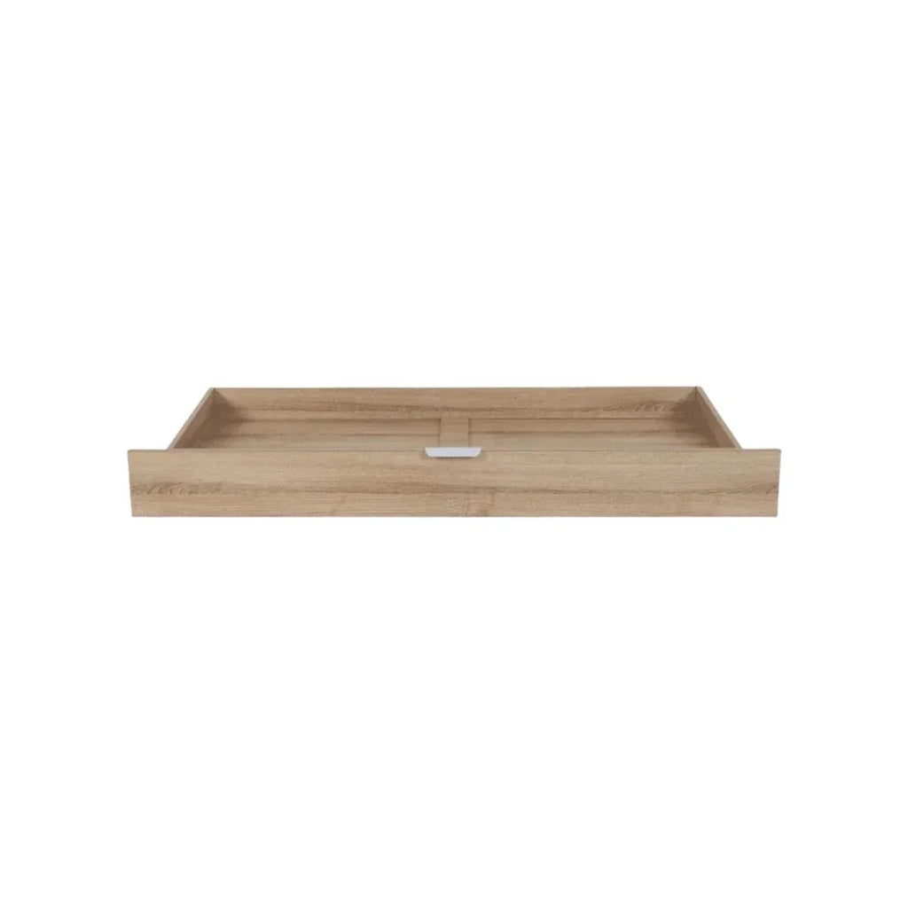 Oak underbed storage drawer with open top and small central pull handle