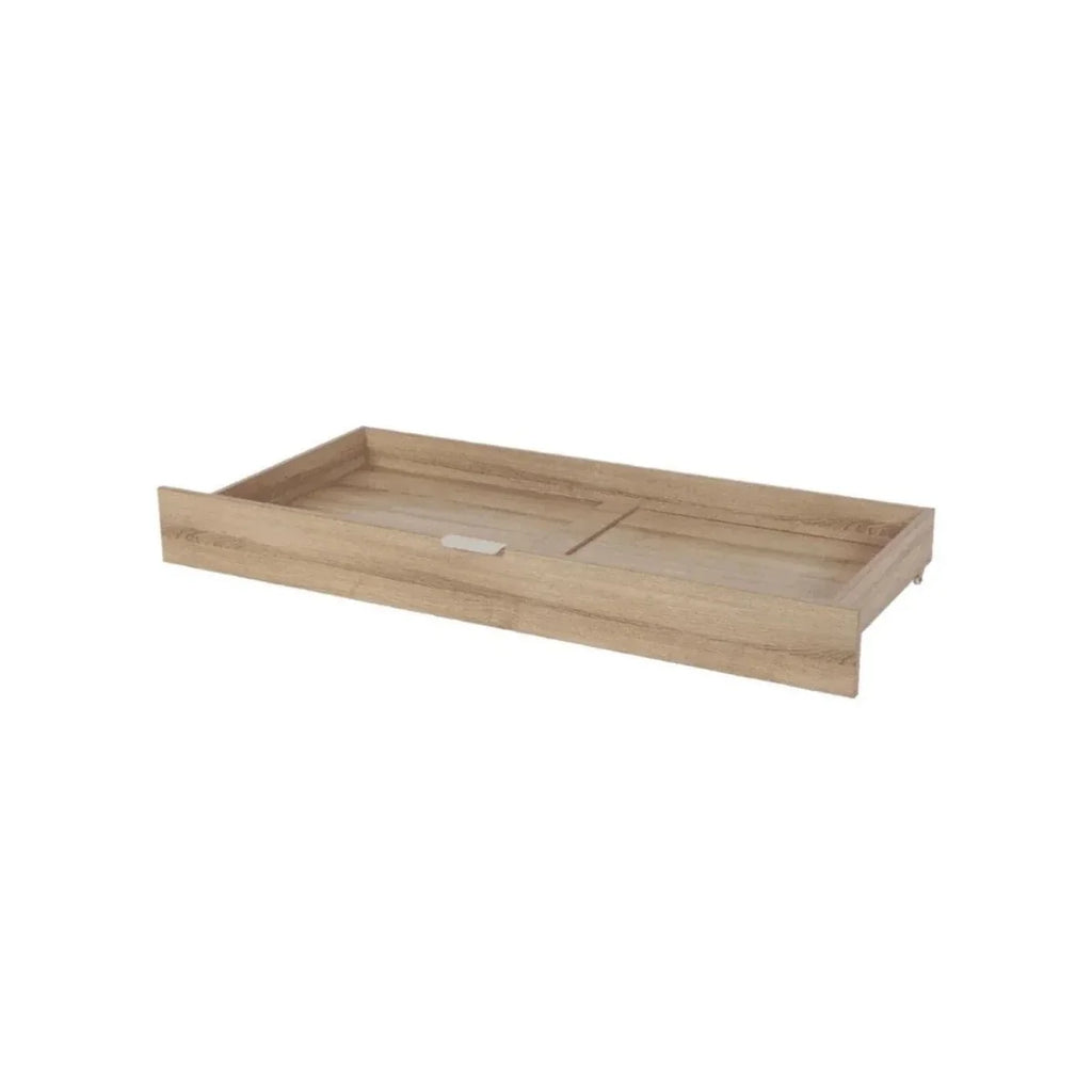 Oak underbed storage drawer with open compartment and divider panel