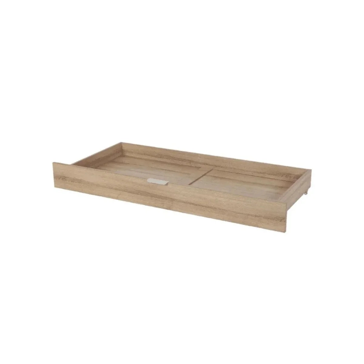 Oak underbed storage drawer with open compartment and divider panel