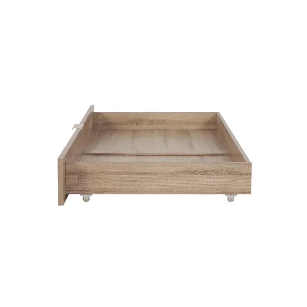 Oak underbed storage drawer with raised sides and four corner feet