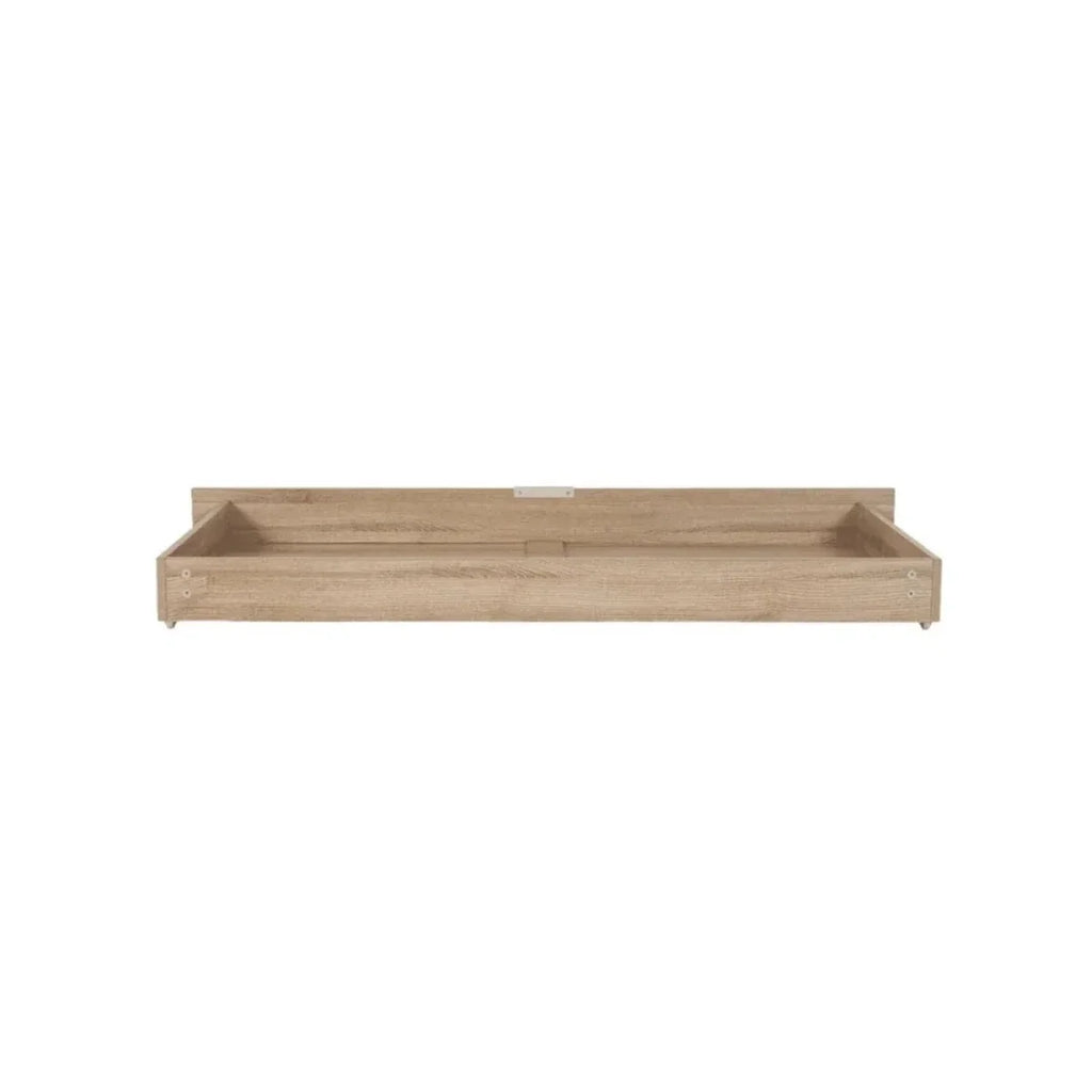 Oak underbed storage drawer with open box frame and small top pull tab