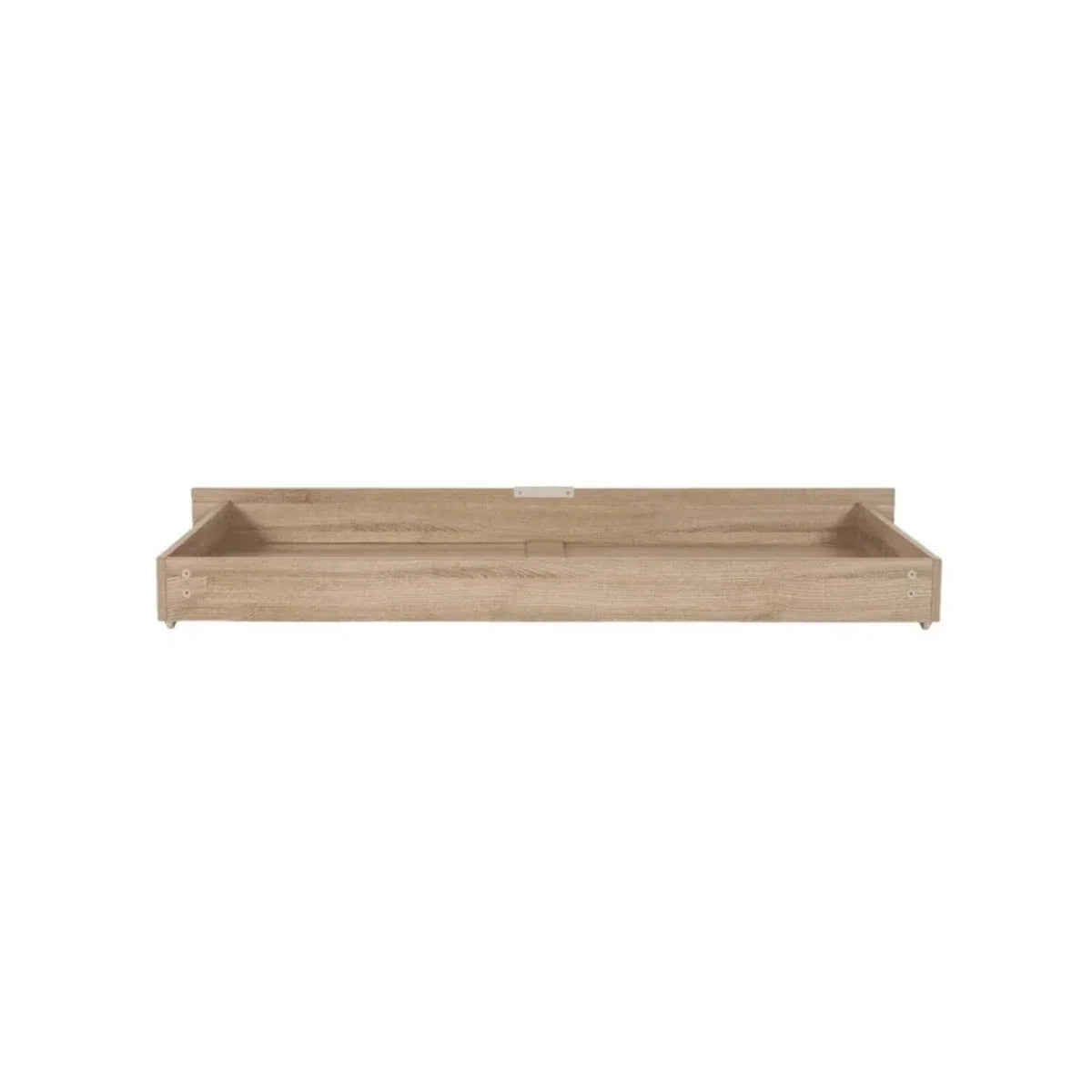Oak underbed storage drawer with open box frame and small top pull tab