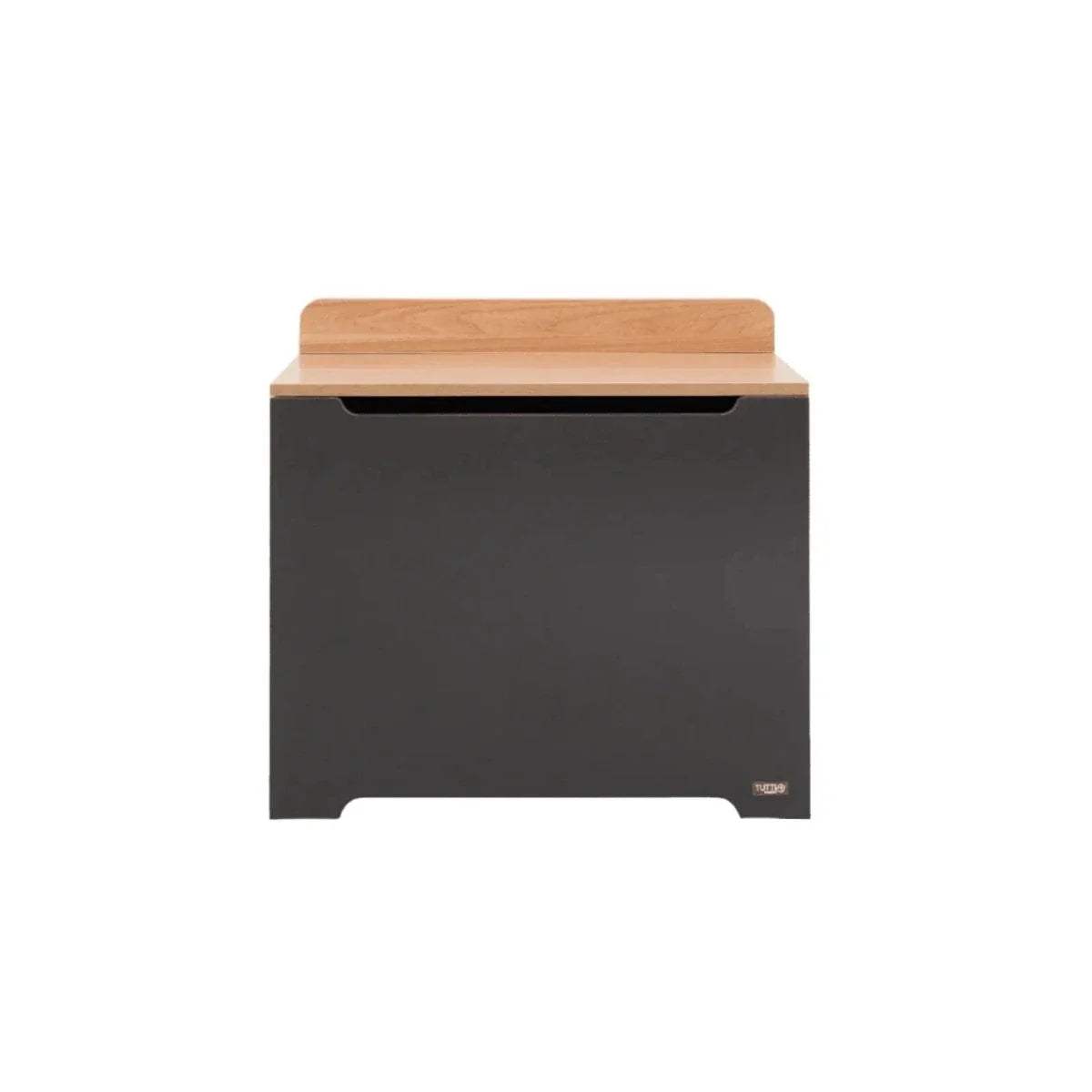 Slate toy box with honey oak top and front recessed handle cut-out