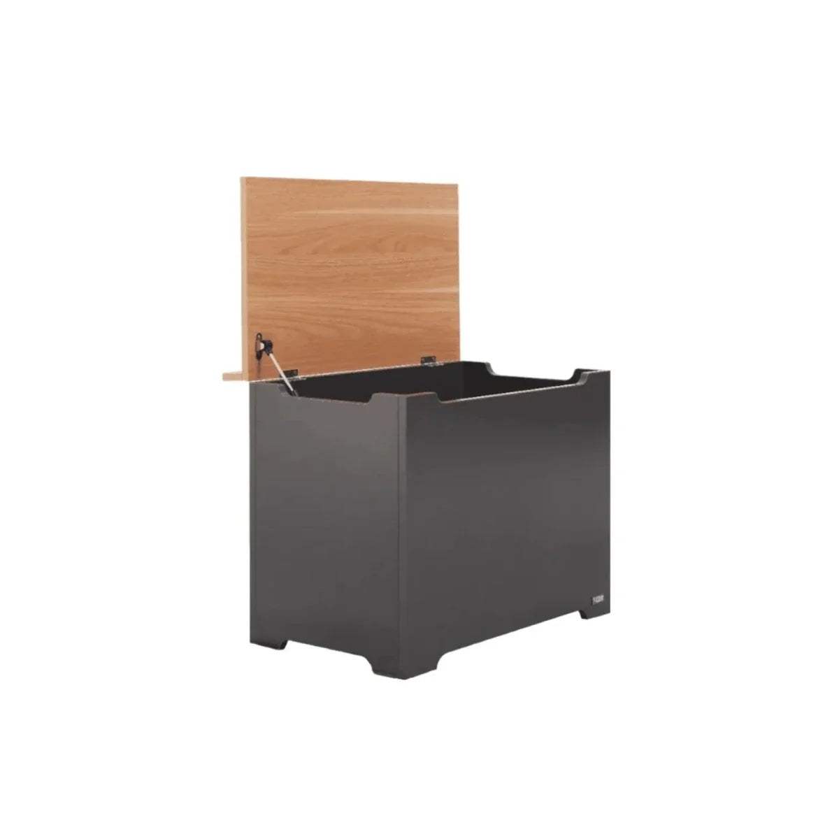 Toy box with open dark lid and honey oak back panel