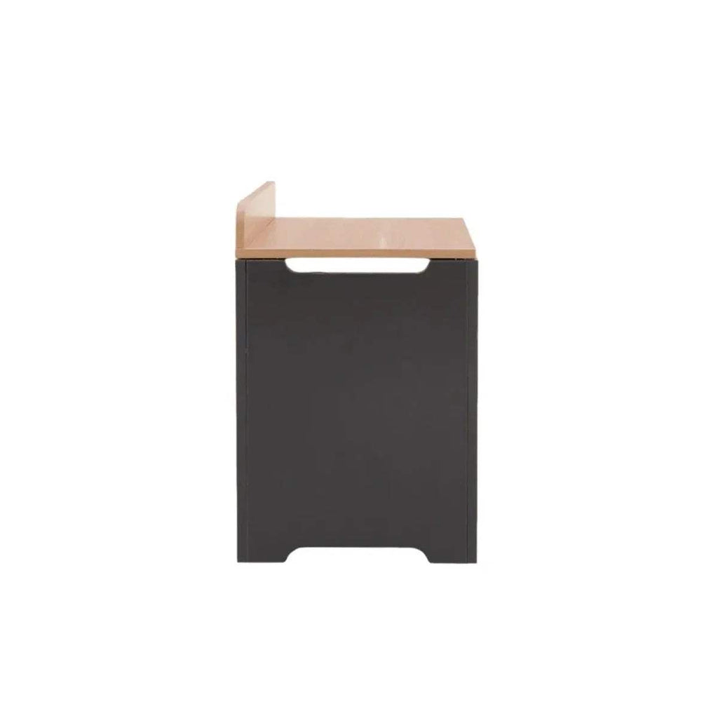 Dark slate toy box with honey oak top and front carry handle cut-out