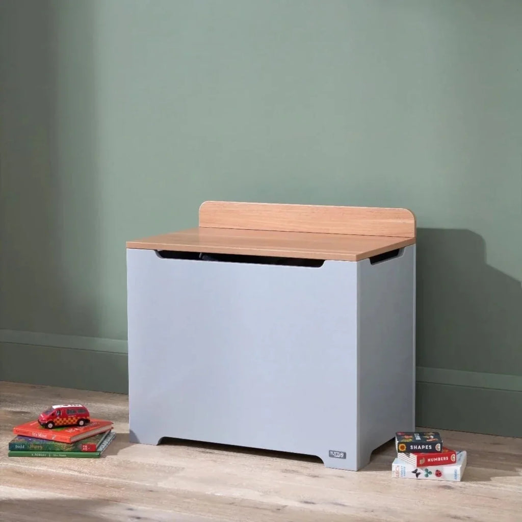 Dove grey toy box with honey oak lid and black handle cutout