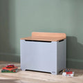 Dove grey toy box with honey oak lid and black handle cutout